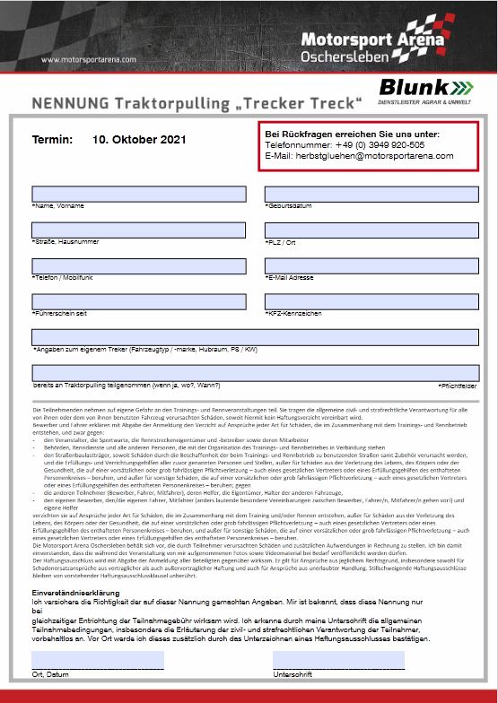 Download Formular für Anmeldung zur Teilnahme am Traktorpulling / Treckertreck zum Herbstglühen in Oschersleben Oktober 2021