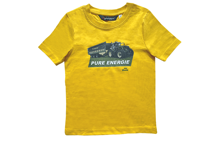 Artikel aus der Blunk-Kollektion: gelbes Kindershirt mit Aufdruck "PURE ENERGIEK" und Fendt-Schlepper mit Krone-Wagen - Artikel B-1024