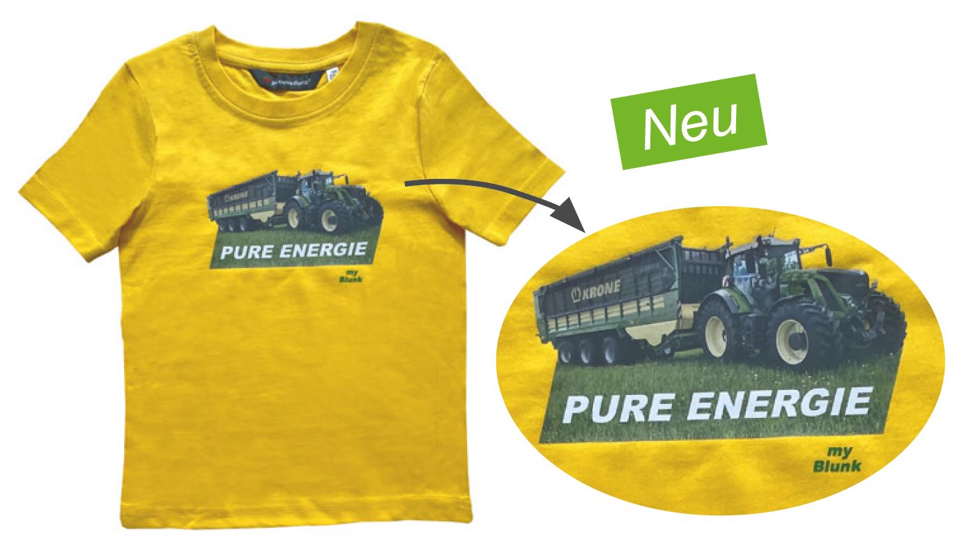 aus der Blunk-Kollektion: gelbes Kindershirt mit Aufdruck "PURE ENERGIEK" und Fendt-Schlepper mit Krone-Wagen - Artikel B-1024