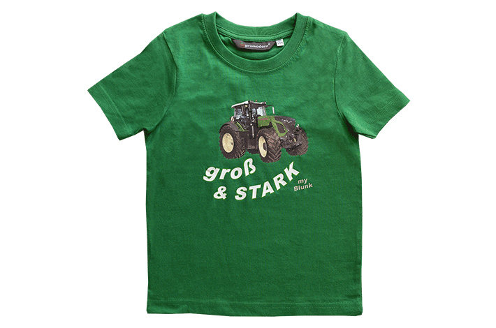 Artikel aus der Blunk-Kollektion: grünes Kindershirt mit Aufdruck "Groß und STARK" und Fendt-Schlepper - Artikel B-1023