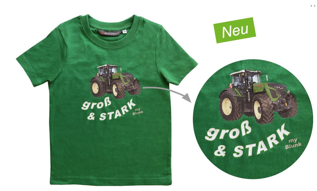 aus der Blunk-Kollektion: grünes Kindershirt mit Aufdruck "Groß und STARK" und Fendt-Schlepper - Artikel B-1023