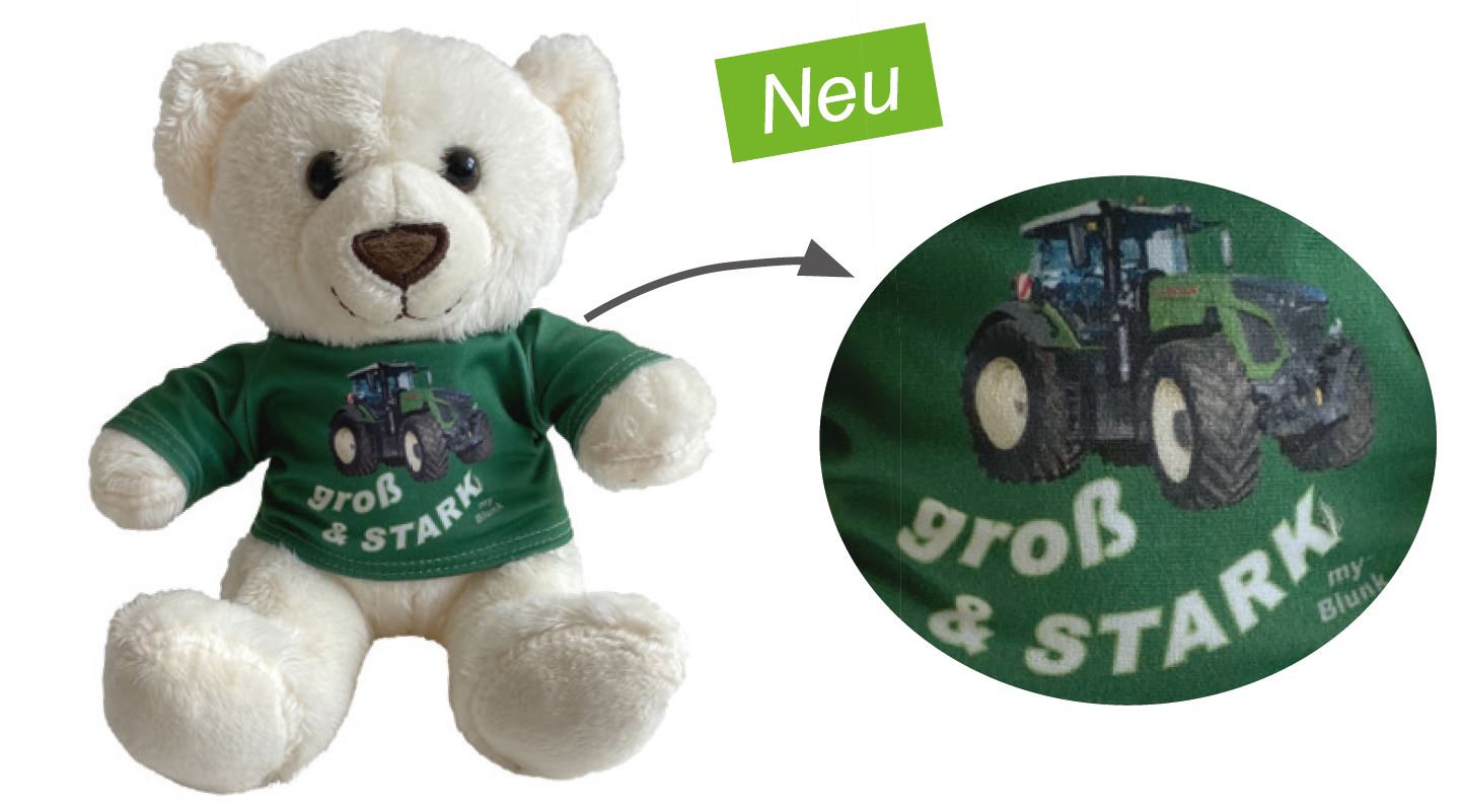 aus der Blunk-Kollektion: Plüsch-Teddybär mit grünem Shirt mit Aufdruck "Groß & STARK" - passend zum Kinder-T-Shirt - Artikel J-0006