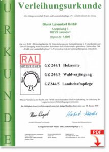 Blunk LA_RAL GZ 244_1 Holz Forst Landschaft Verleihungs-Urkunderkunde gültig bis 25-01-19